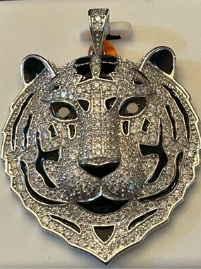 4.50CTW Pavé Moissanite Tiger Head Pendant Necklace -Black & Silver- 925 SSilver
